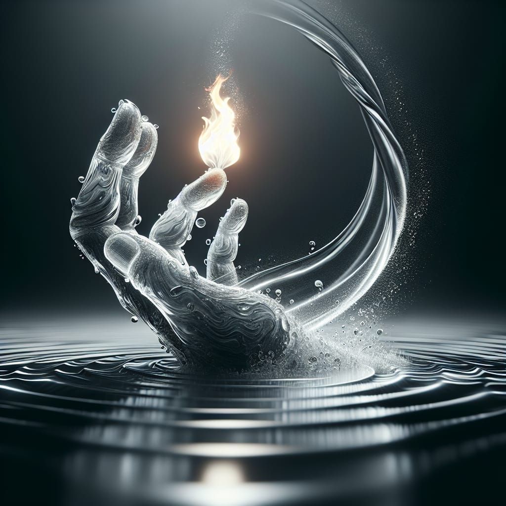 Transparent Hand Sculpted from Water Holds Flame in Photorea...