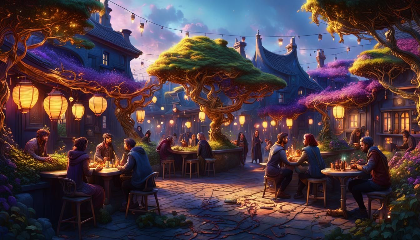 Lively Fantasy Neighborhood with Golden Lighting