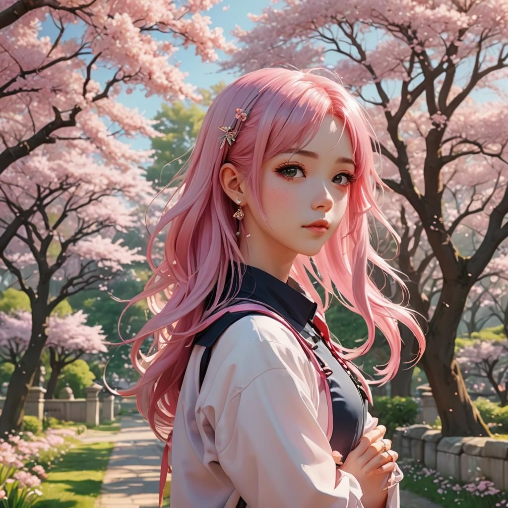 Cute Anime Girl with Pink Hair in Garden