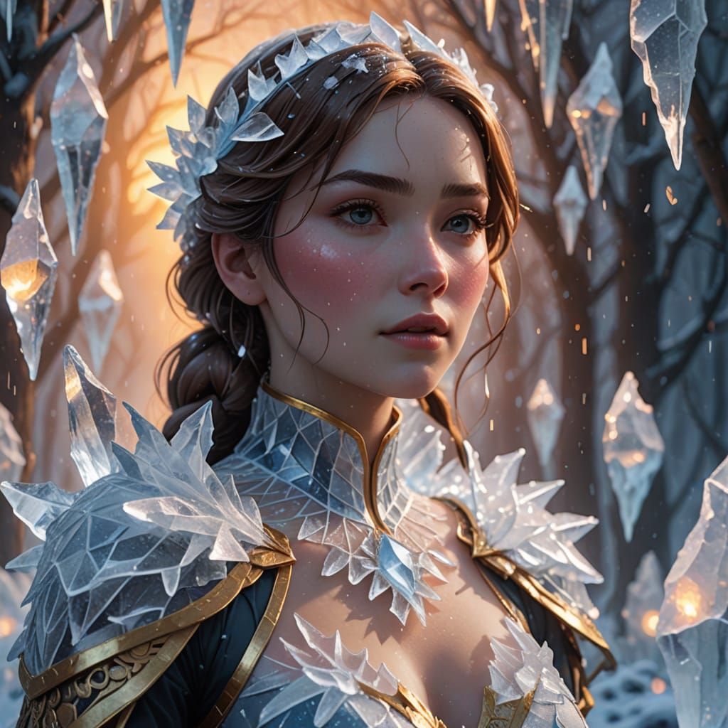 Icy Woman in Misty Golden Hour: 3D Anime Art