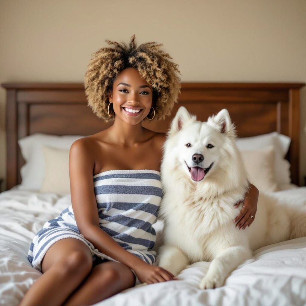 Cozy Bedroom Portrait: Woman and Samoyed in Warm Light