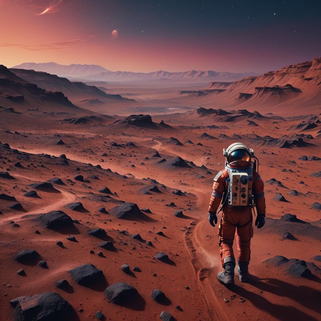 Astronaut on Mars in Crimson Sunset: Digital Matte Painting