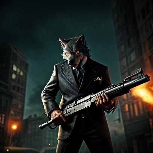 Hyperrealistic Werewolf Mobster with Tommy Gun