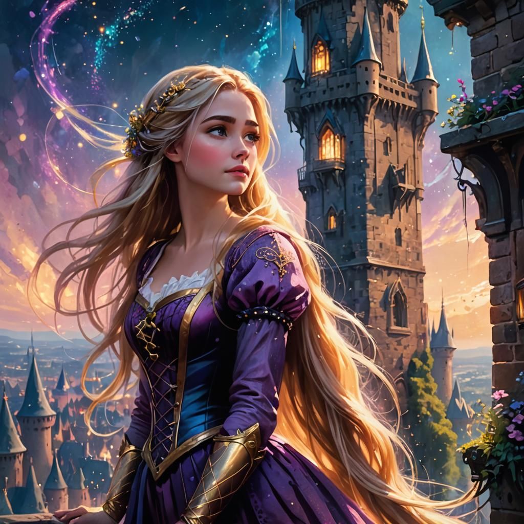 Rapunzel in Tower with Sparkling Magic Hair