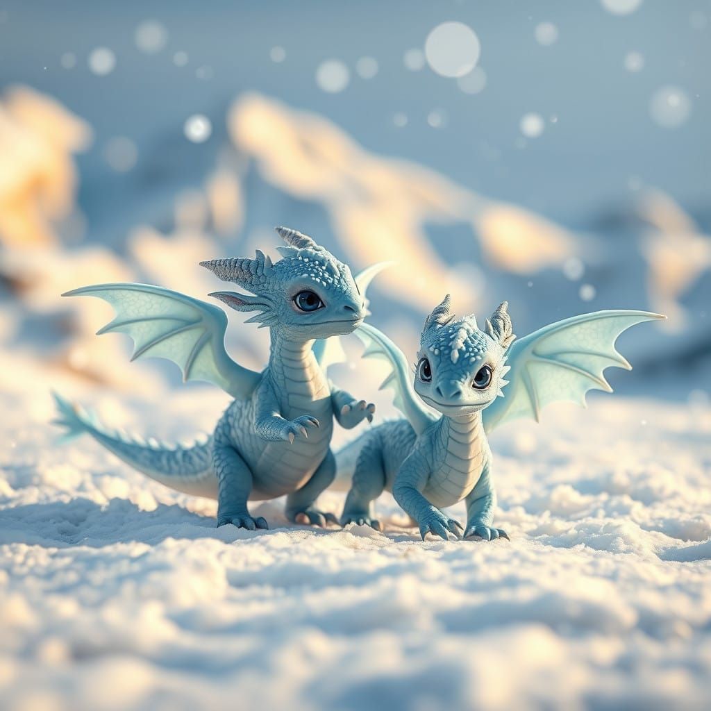 Baby Dragons Frolic in Snowy Mountainscape