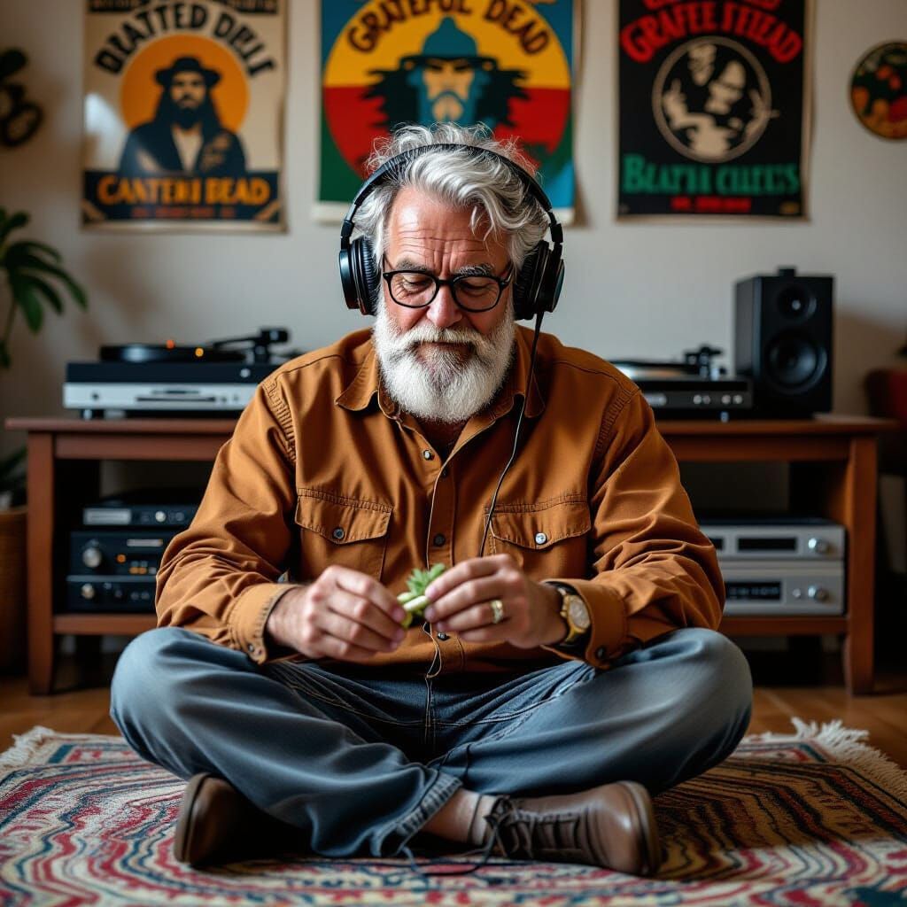 Man Listening to Music With Grateful Dead Posters