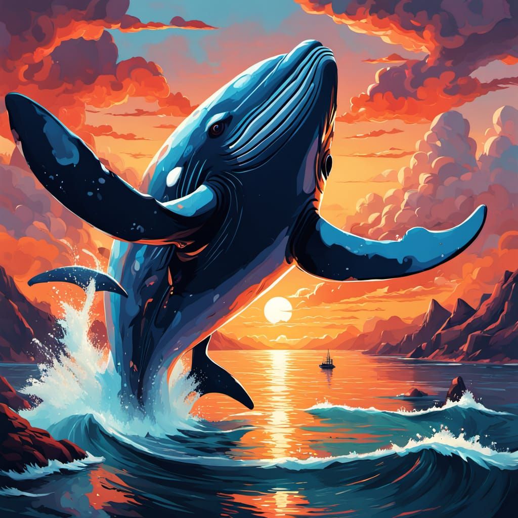Colossal Whale Breaching at Sunset in Cubist Style