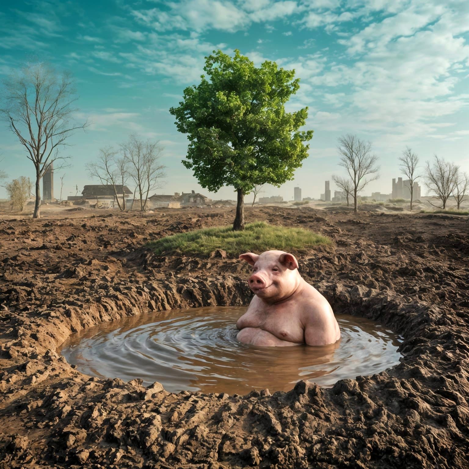 Dystopian Oasis: Pig-Headed Man in Post-Apocalyptic Mud Bath