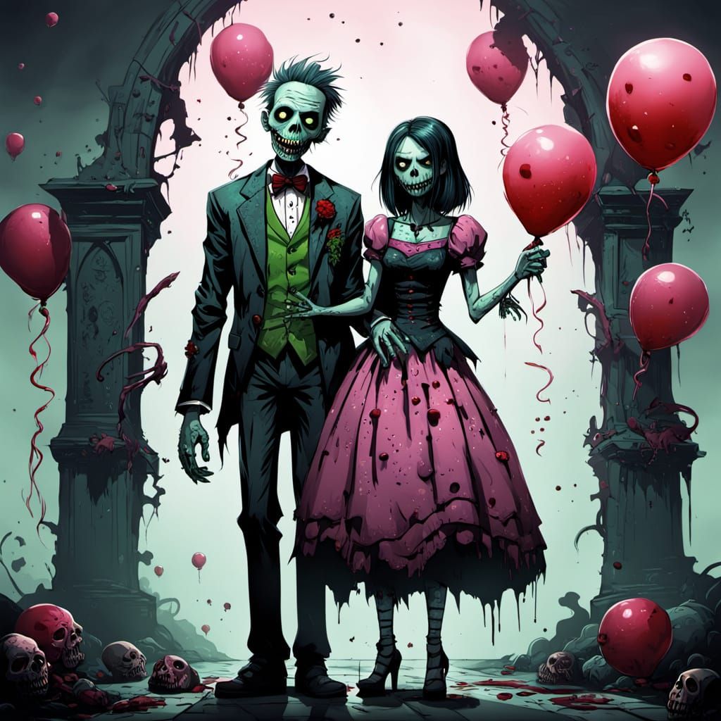 Zombie Couple Poses for Prom Picture in Cartoon Style