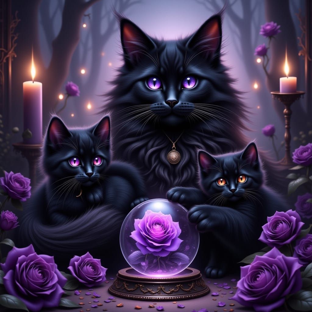 Black Cat and Kittens with Violet Eyes Beside Crystal Ball