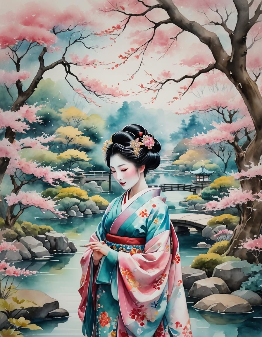 Geisha in Japanese Garden: Ethereal Watercolor Painting
