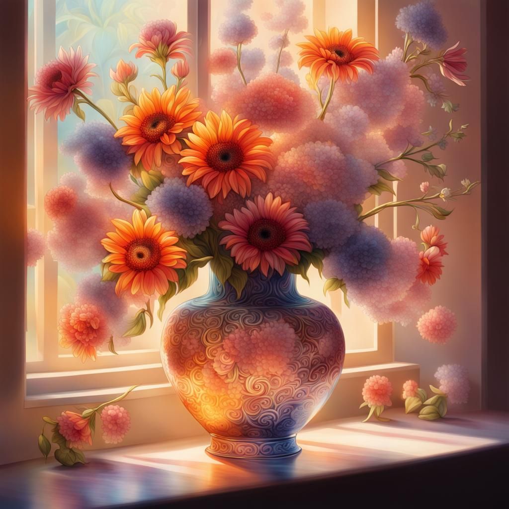 Enchanted Flower Vase Still Life with Ethereal Aura