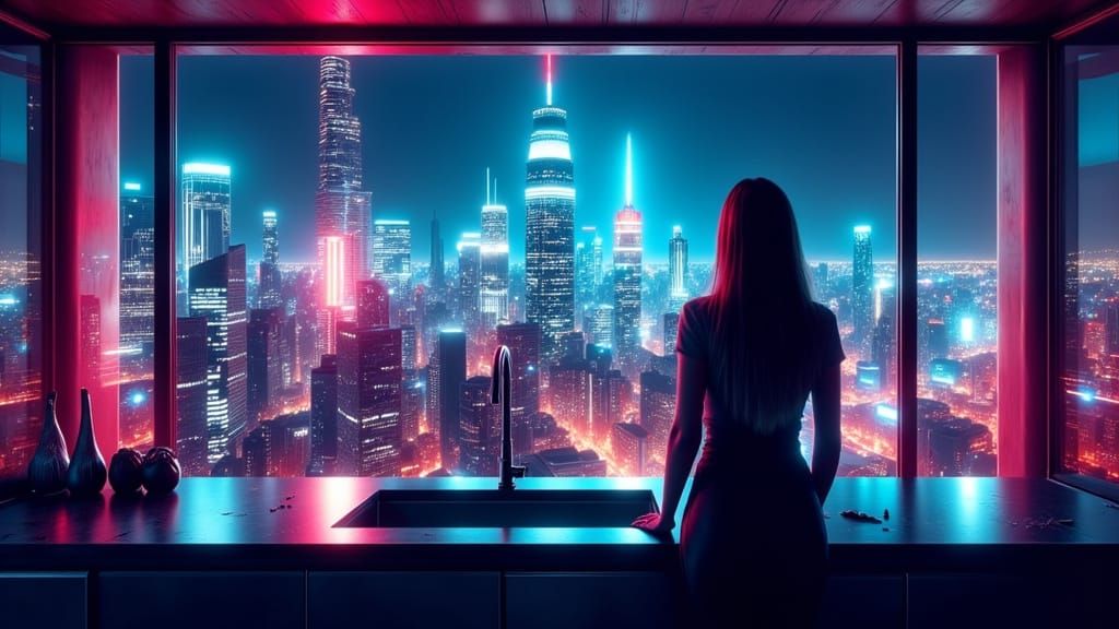 Futuristic Kitchen View of Neon Cityscape