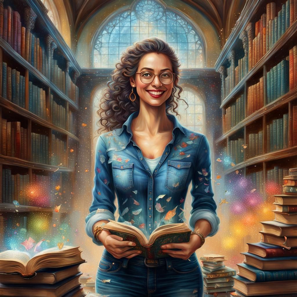 Happy Bookworm in Magical Library: Digital Illustration