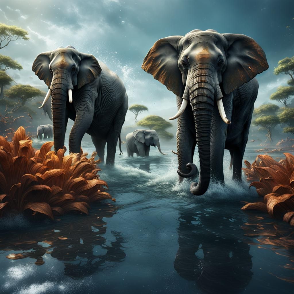 Fantastical Elephant in Water, Detailed Matte Painting