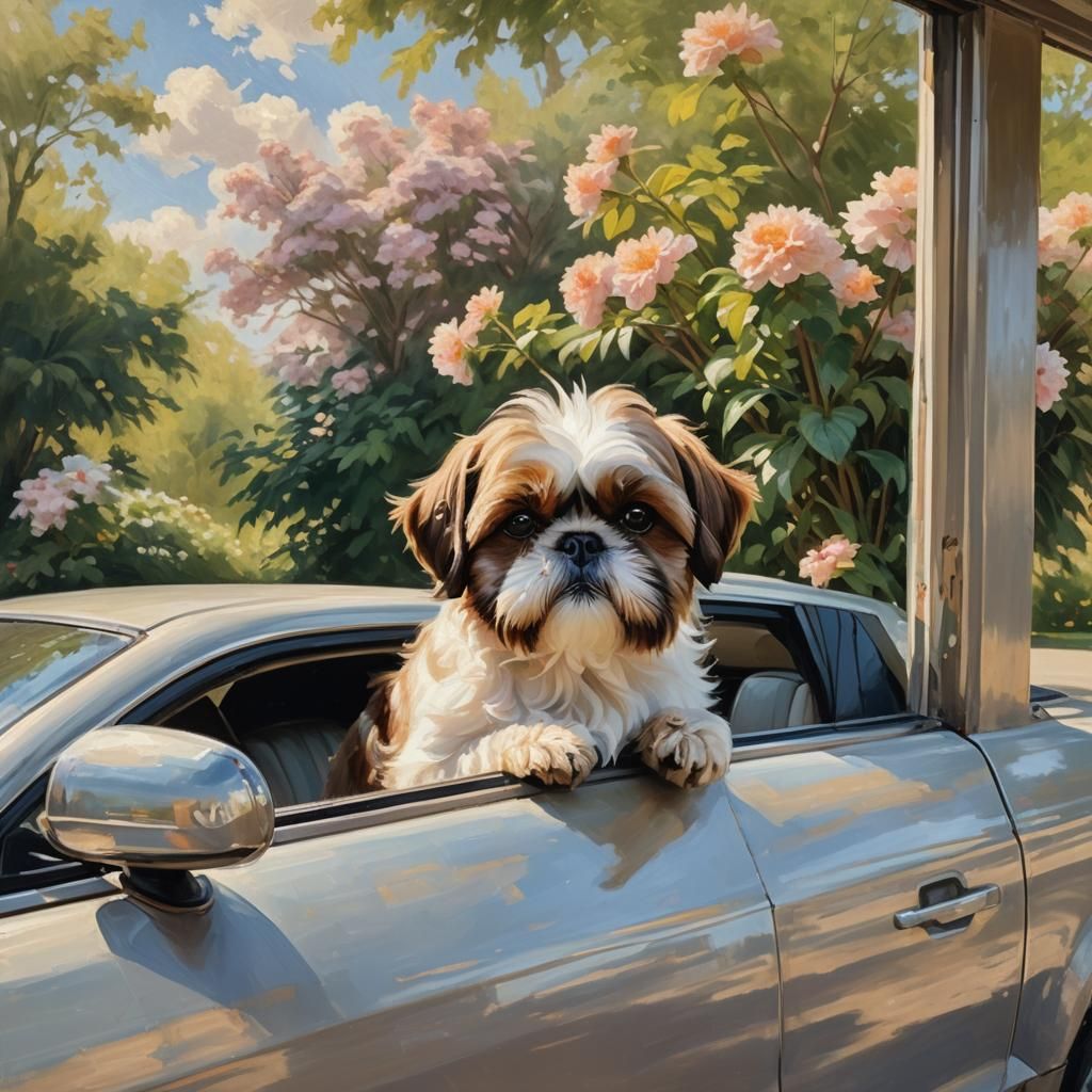 Imperial Shih Tzu Rides in Car, Impressionist Oil Painting