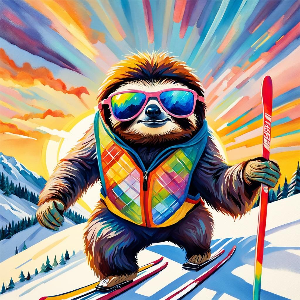 Sloth Skier on Skittles Hill in Gouache Style