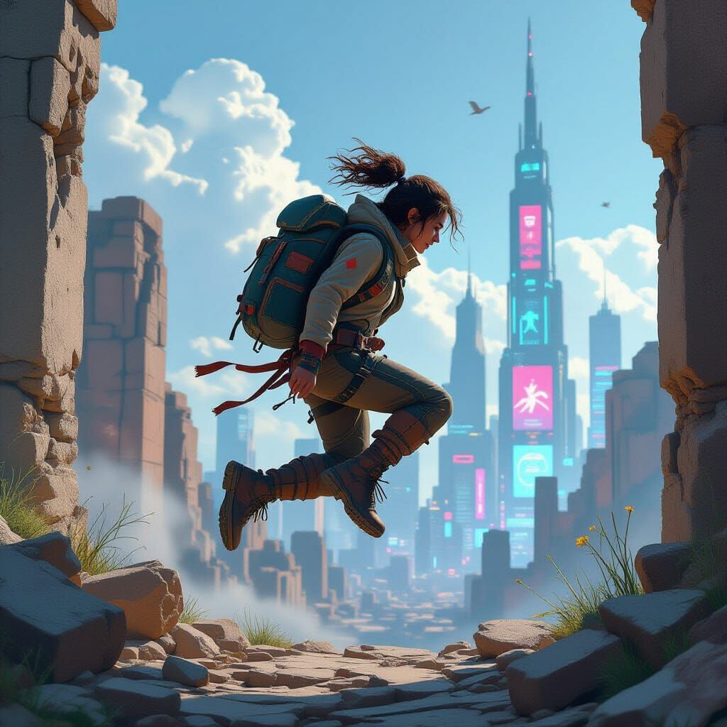 Adventurer Leaps Between Worlds in Sci-Fi Style