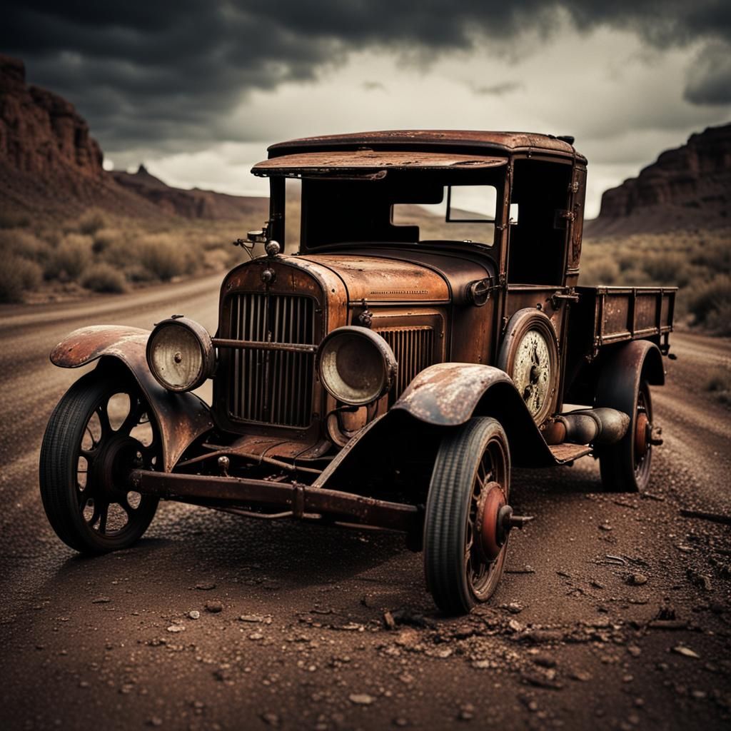 Wasteland Pickup Truck: Dark Maximalist Macro Shot