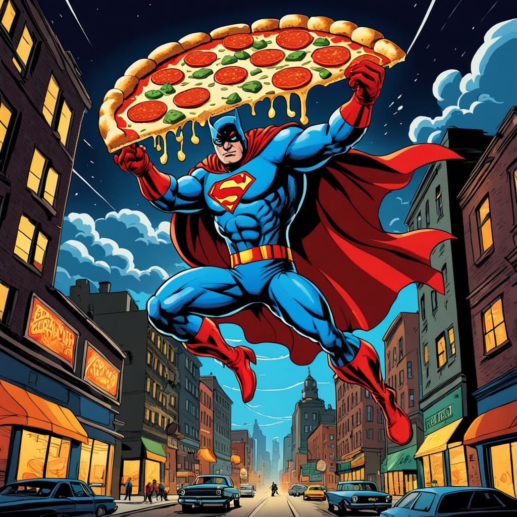Pizza Slice Superhero Soaring Through City