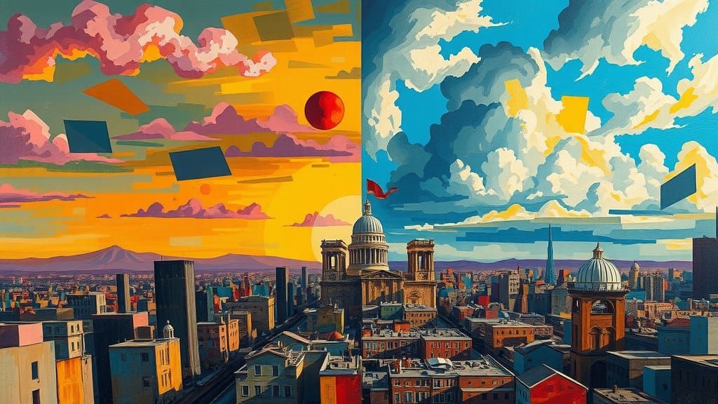 Past vs Future Cityscape: Abstract Urban Decay and Utopia