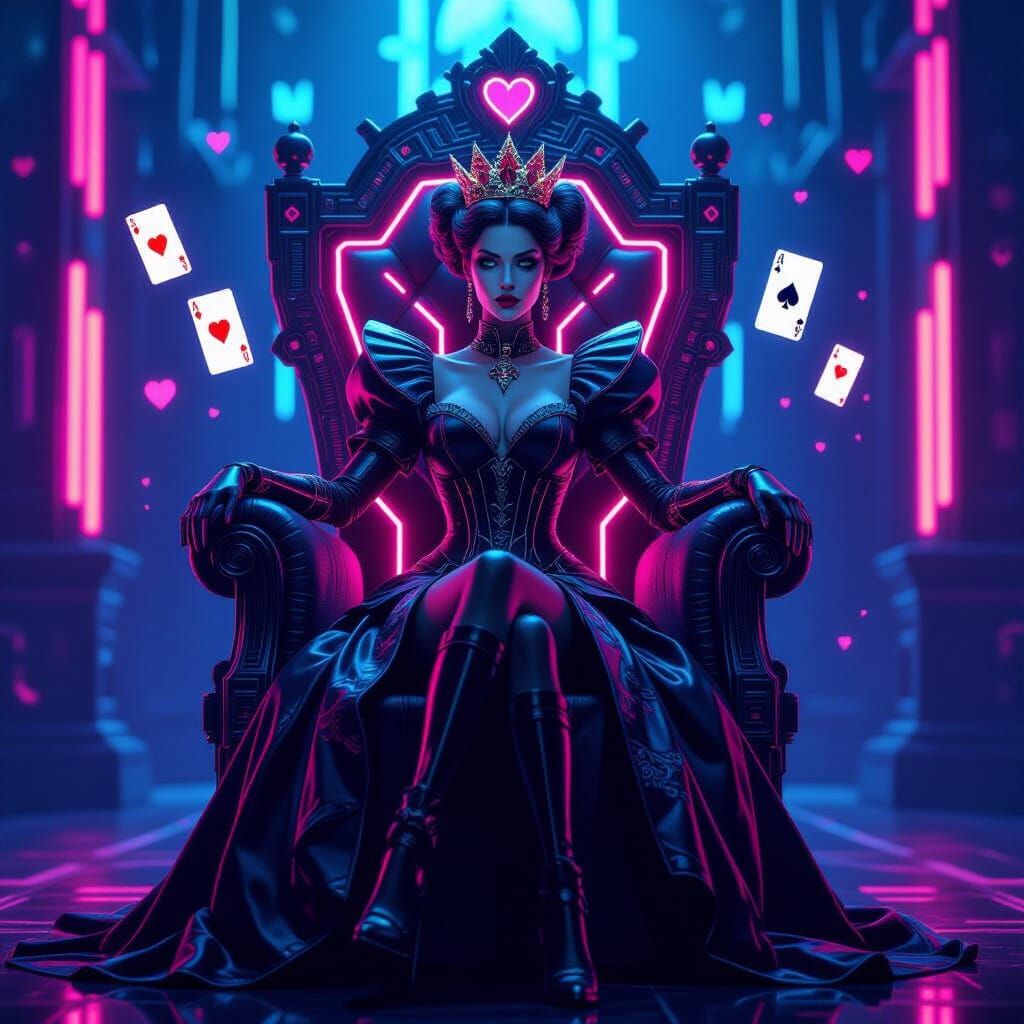 Cyberpunk Queen of Hearts Empress on Neon Throne