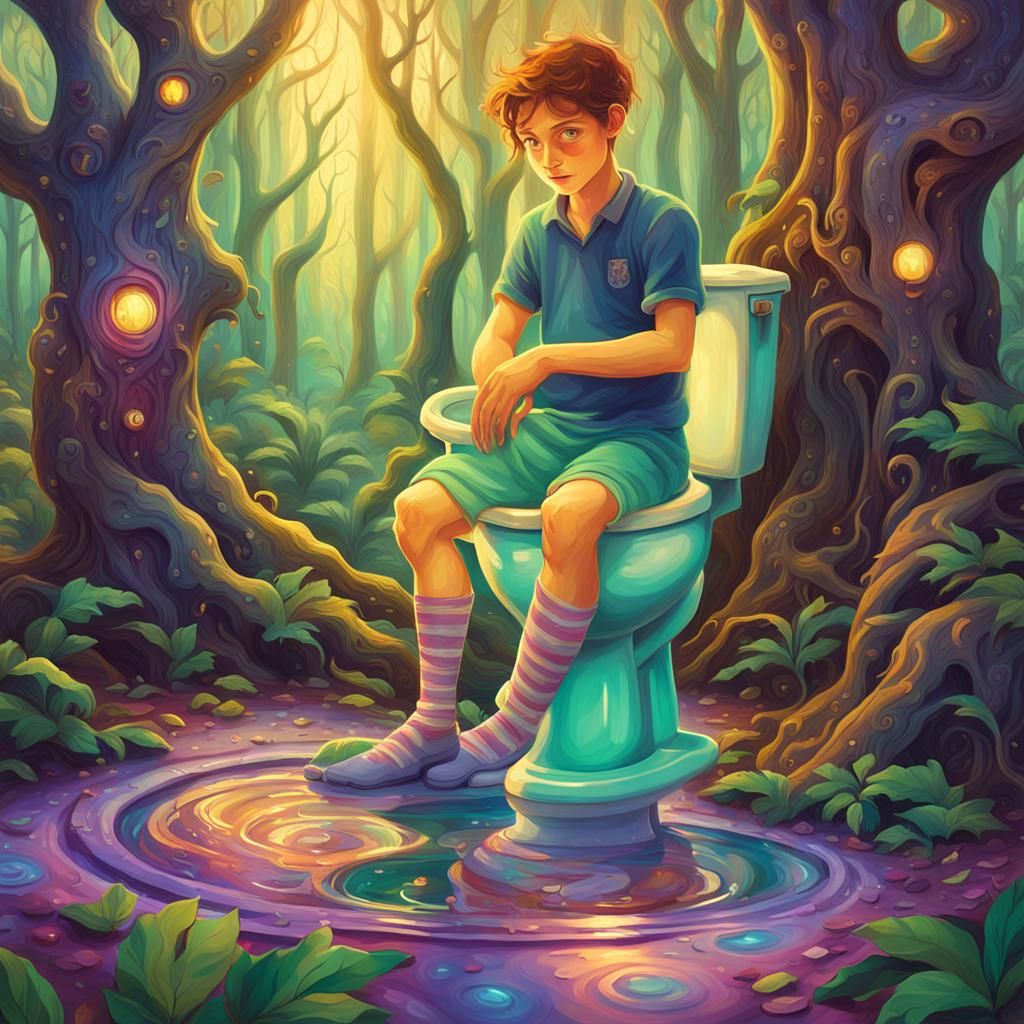 Surreal Magical Toilet in Mystical Forest, Vibrant Oil Paint...