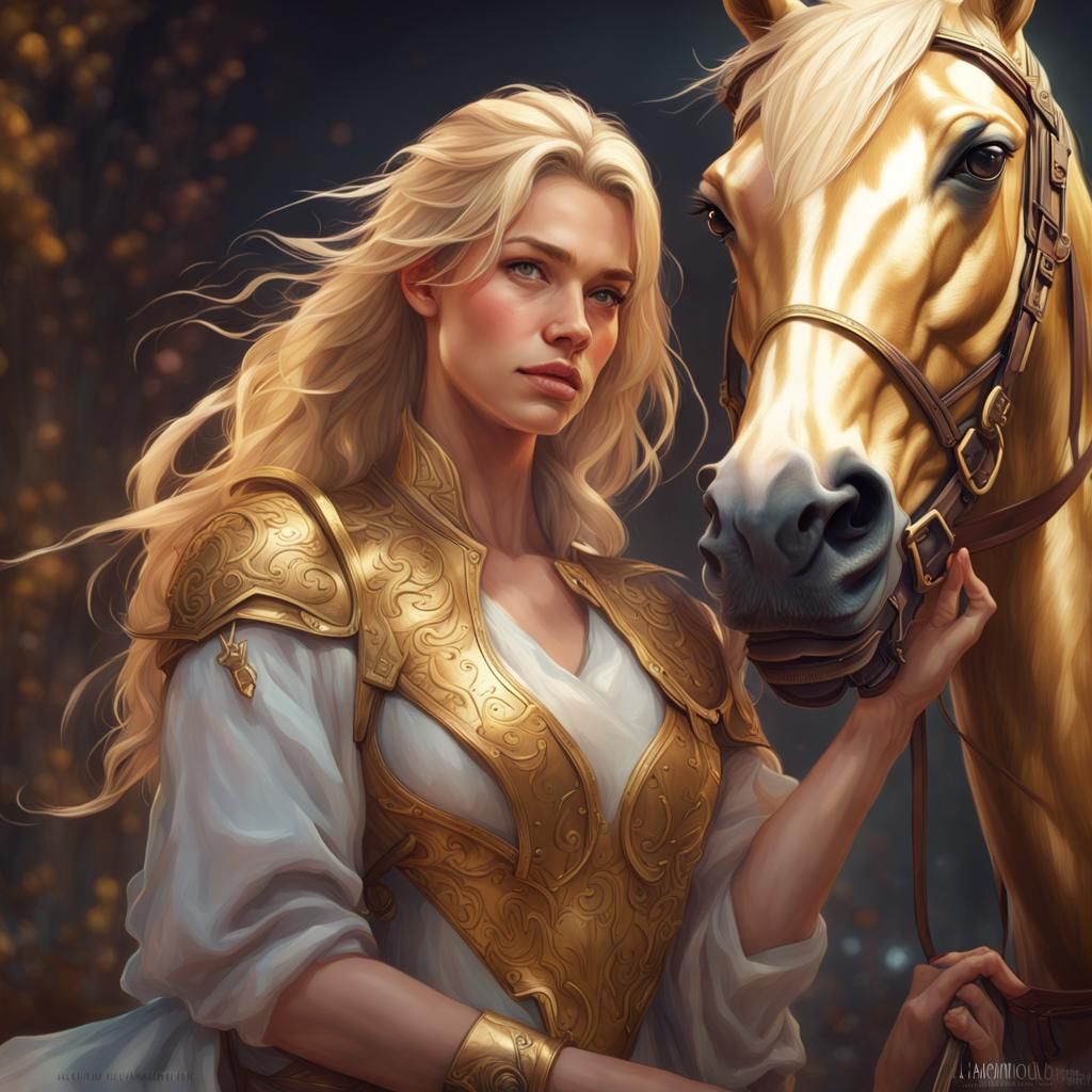 Blonde Beauty and Golden Horse: Hyperdetailed Portrait