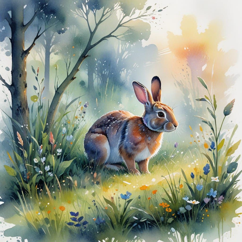 Curious Rabbit in Misty Meadow, Watercolour Painting