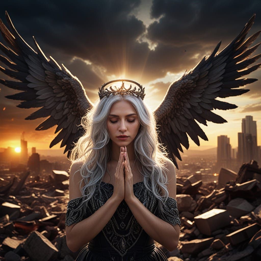 Ethereal Angelic Woman in Shattered Cityscape