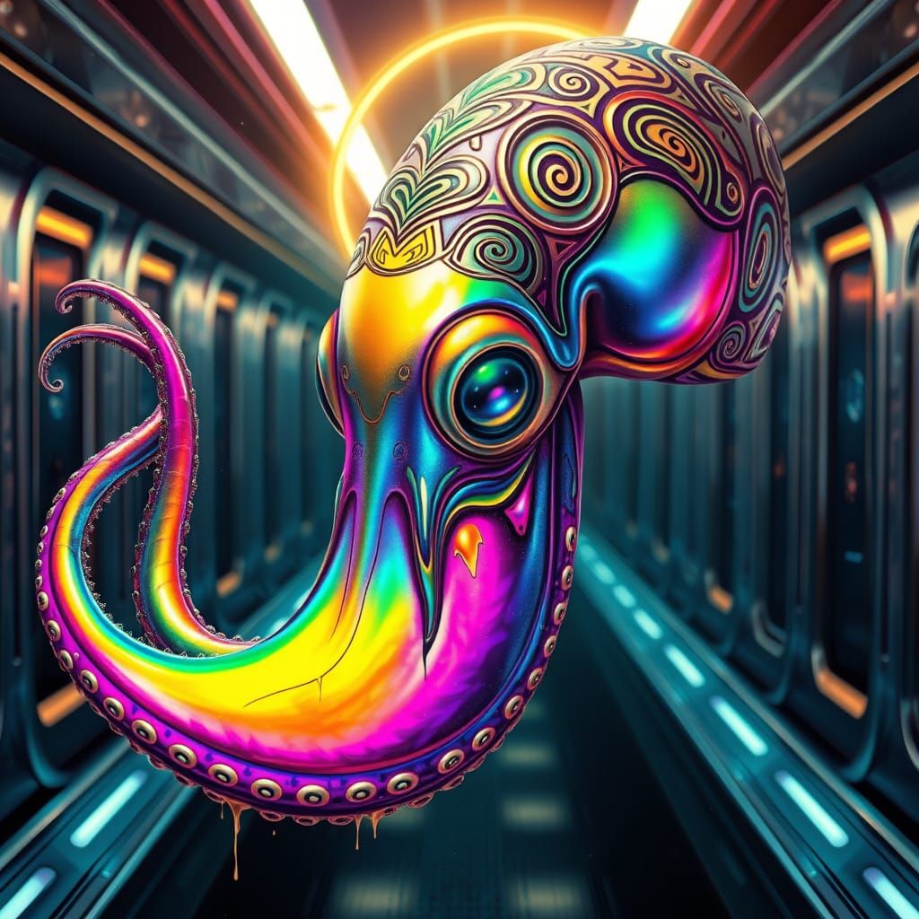 space squid, close-up, intergalactic starship hallway background, it’s skin is inspired by Indigenous art and culture, c...