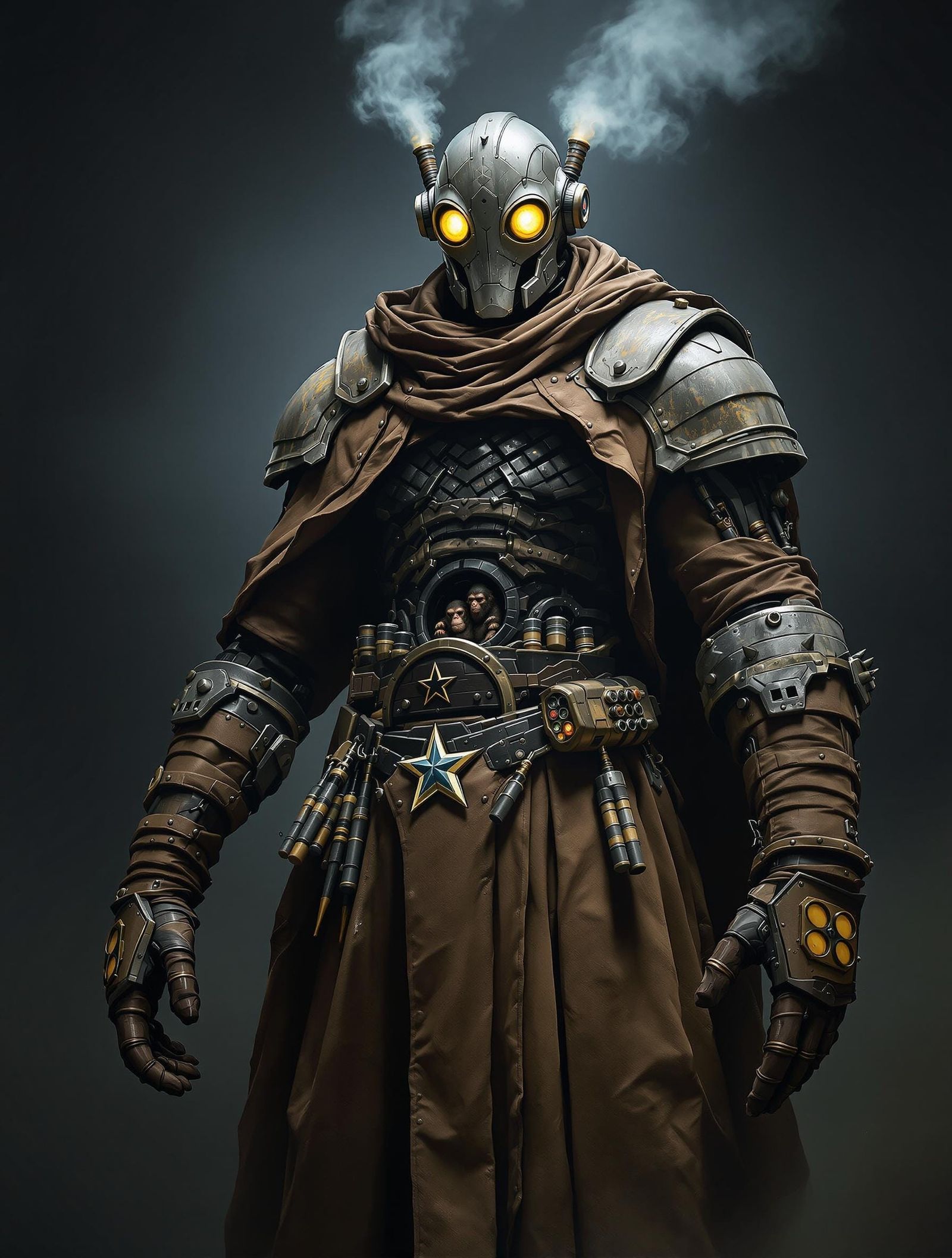 A towering, Fantasy style automaton Cowboy dominates the scene. Its helmeted head features two, glowing yellow eye, with...