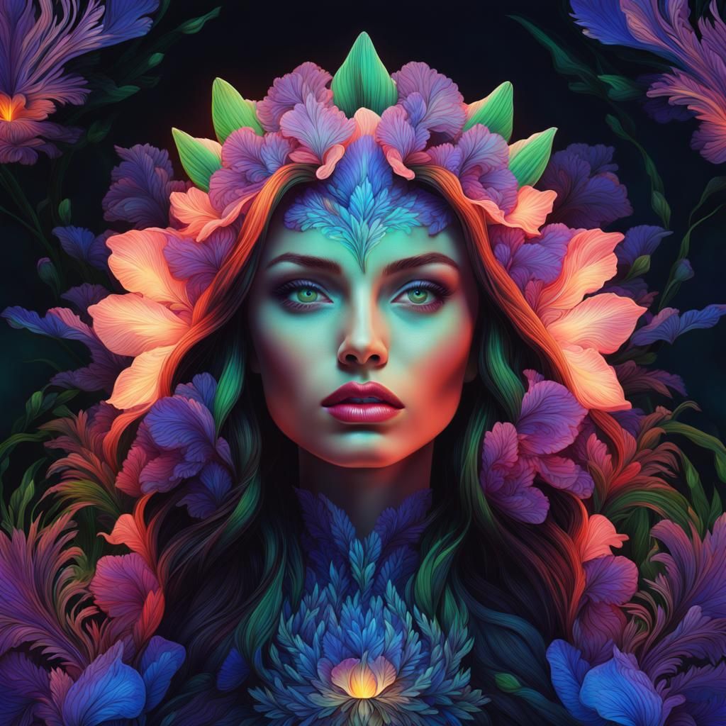 Ecstatic Woman Gazing at Bioluminescent Flower in Astral Lig...