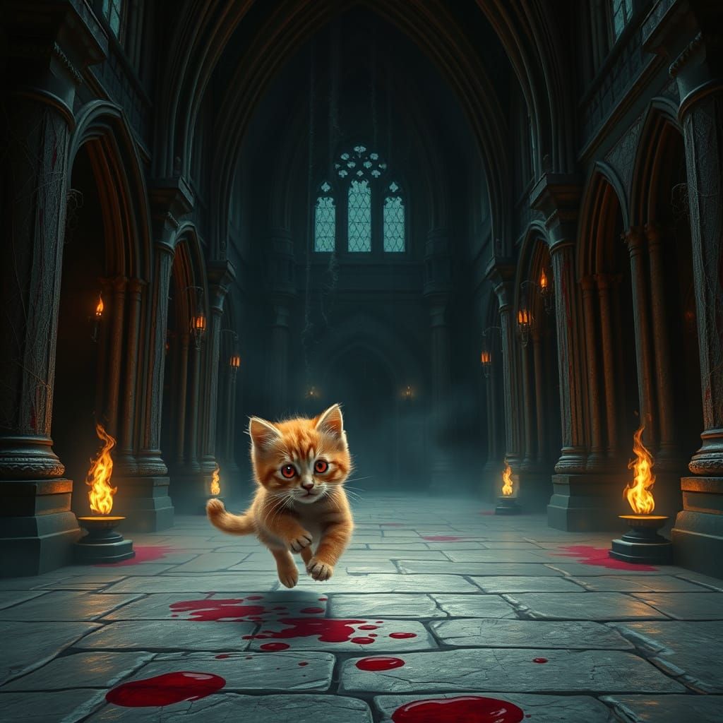 Whimsical Red Kitten Frolics in Dark Castle Halls