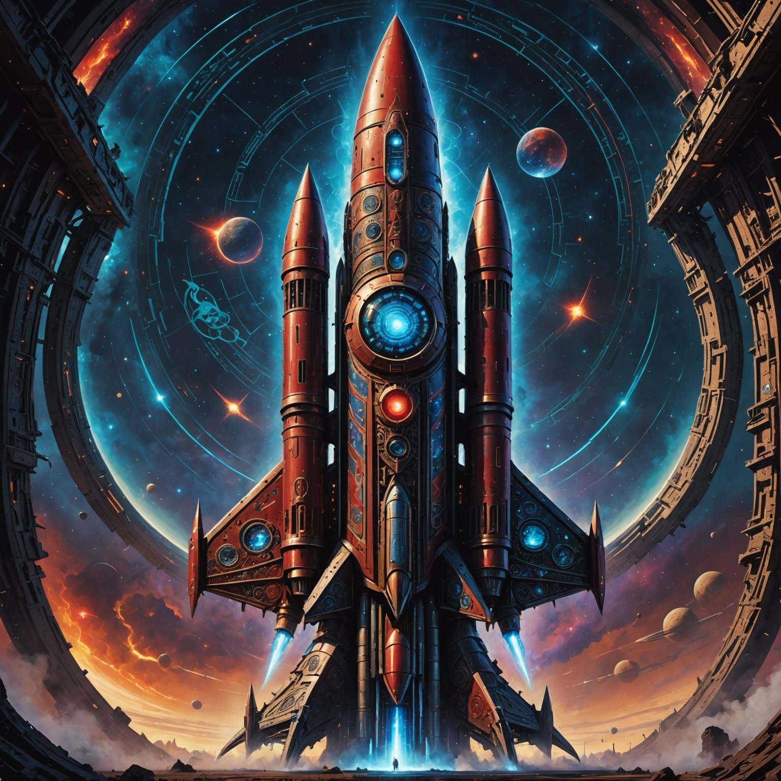 Celestial Rocket Piercing Galactic Gate in Sci-Fi Surrealism