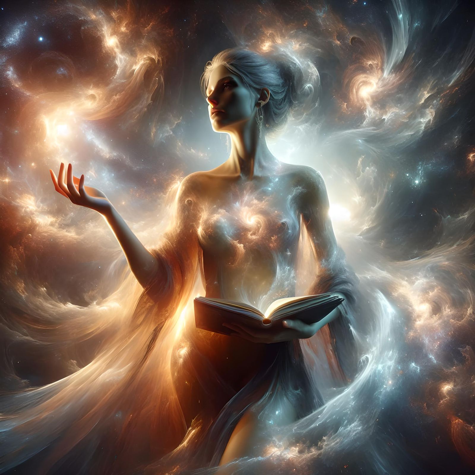 Sophia, the embodiment of divine wisdom, stands in a celestial realm surrounded by swirling galaxies and ethereal light....