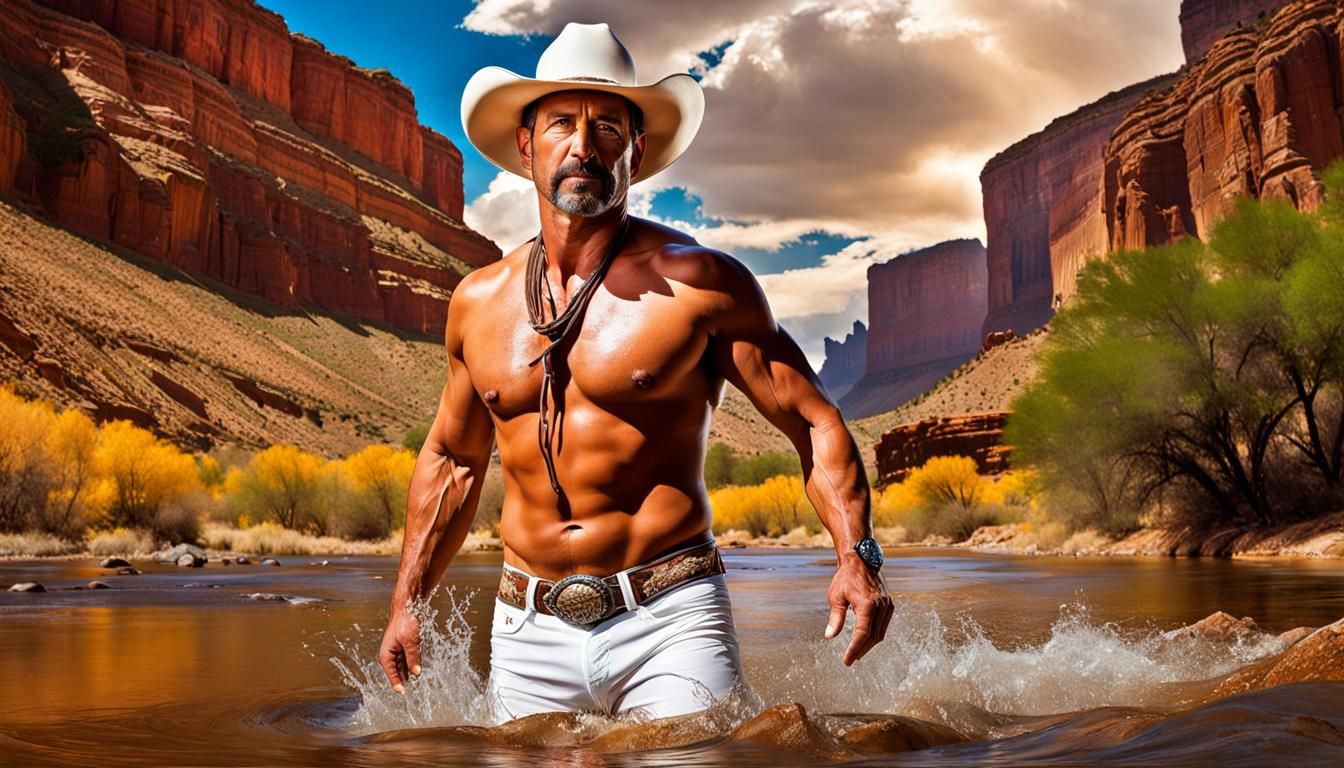 Cowboy Emerges from River in Grand Canyon
