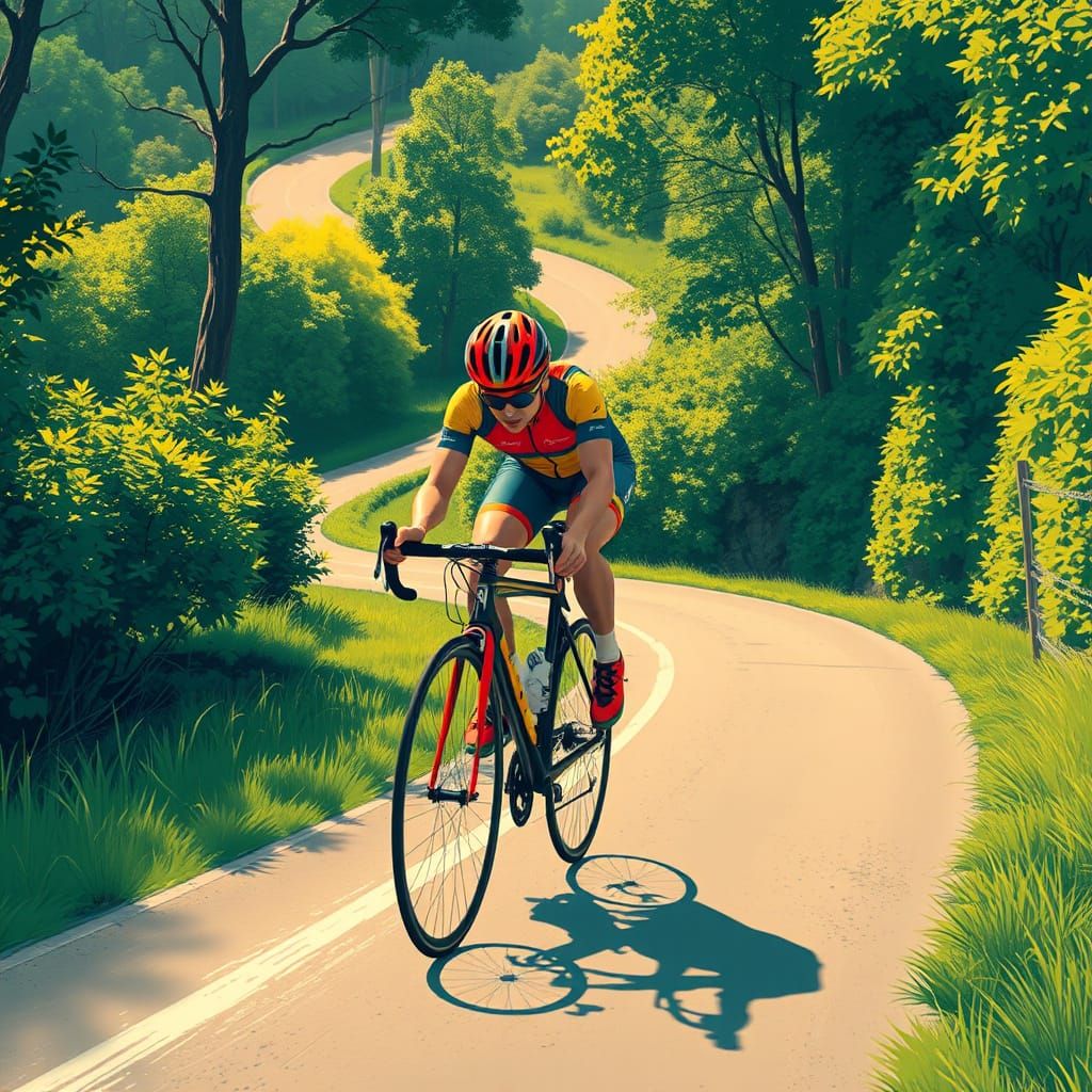 A Futuristic Cyclist Embarks on a Winding Road in Golden Lig...