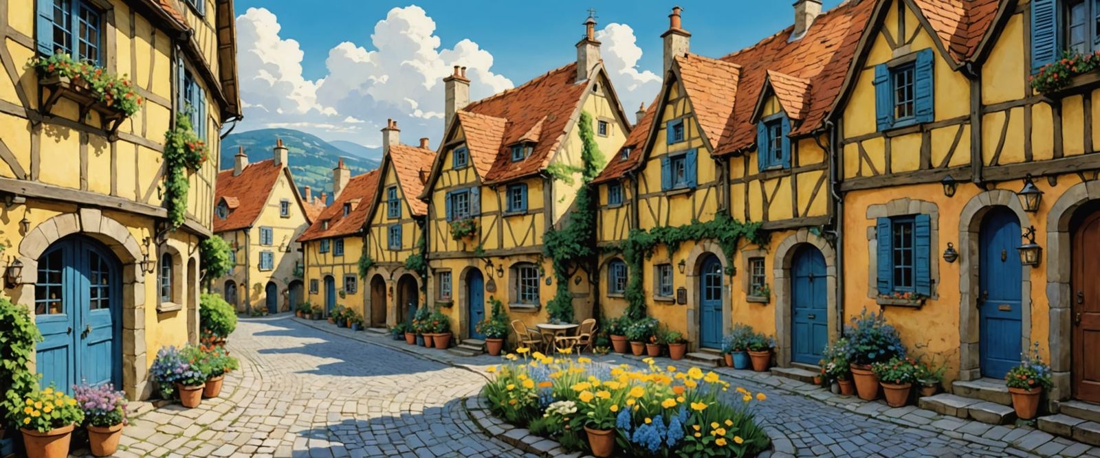 French Village in Naive Folk Art Style