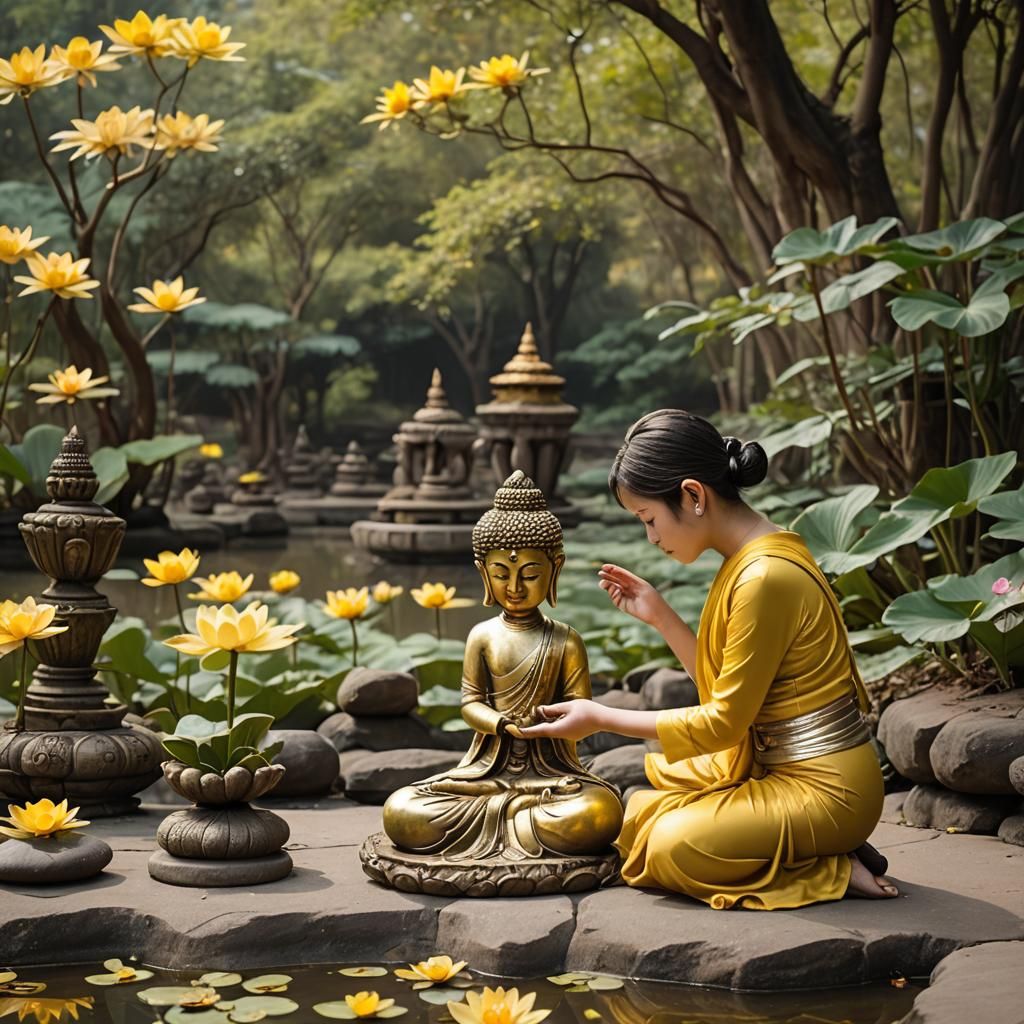 Girl Bowing to Buddha Statue in Anime Style