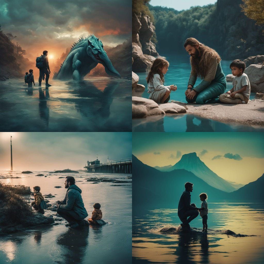 Post-Apocalyptic Shoreline with Mermaid Family Under Starry ...