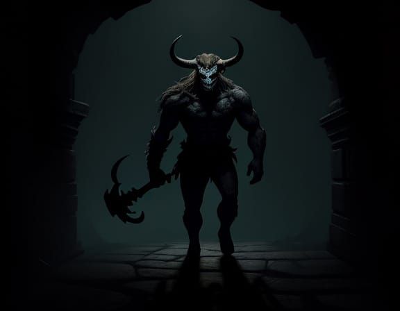 Minotaur Lurking in Ancient Stone Labyrinth