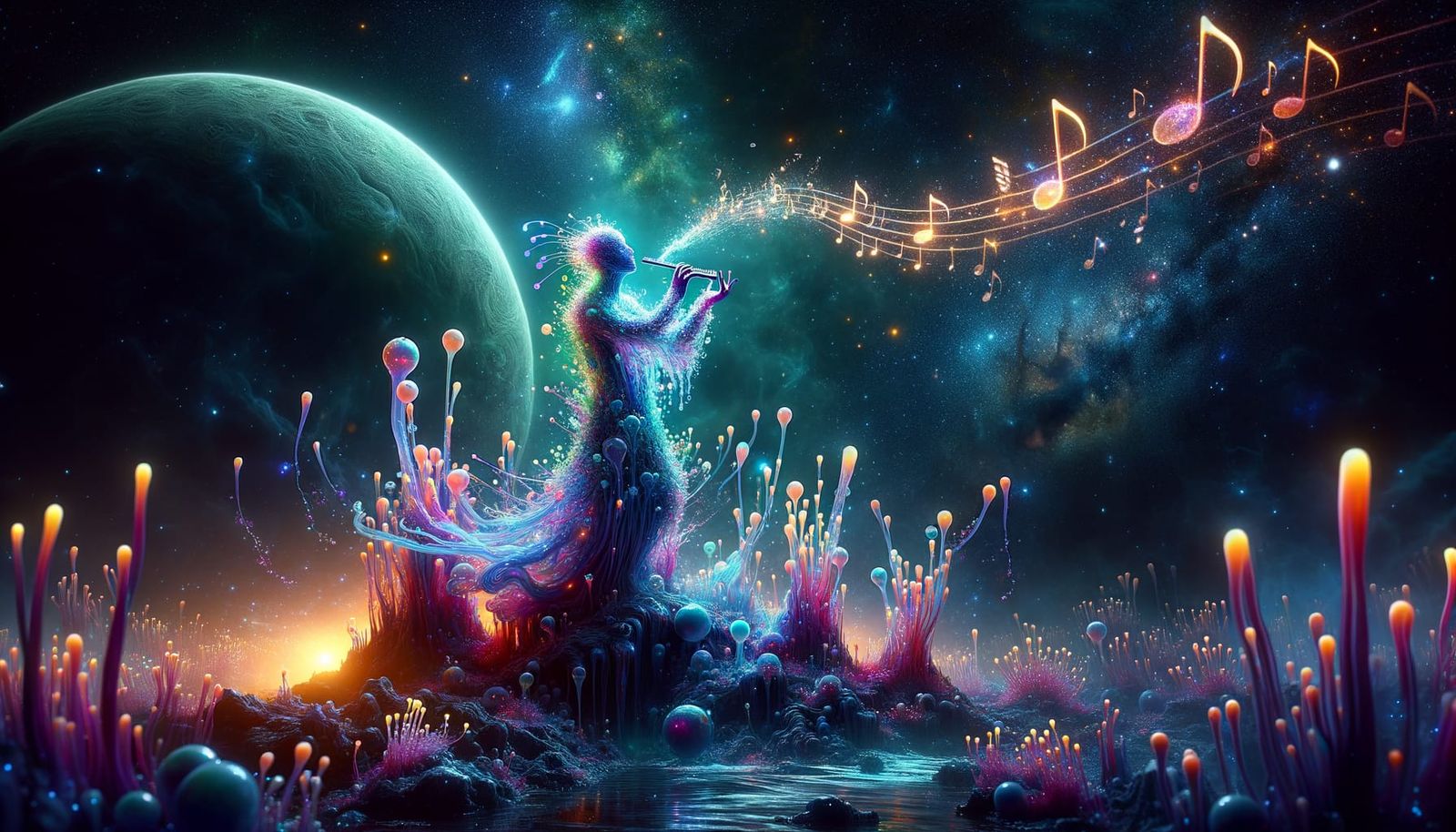 Ethereal Bioluminescent Musician in Cosmic Harmony