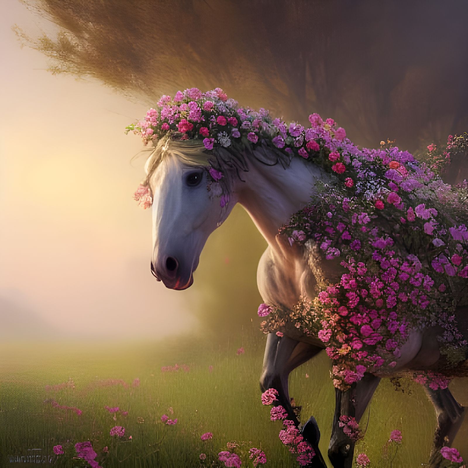 Floral Horse: Hyperdetailed Fantasy Art Nouveau Painting