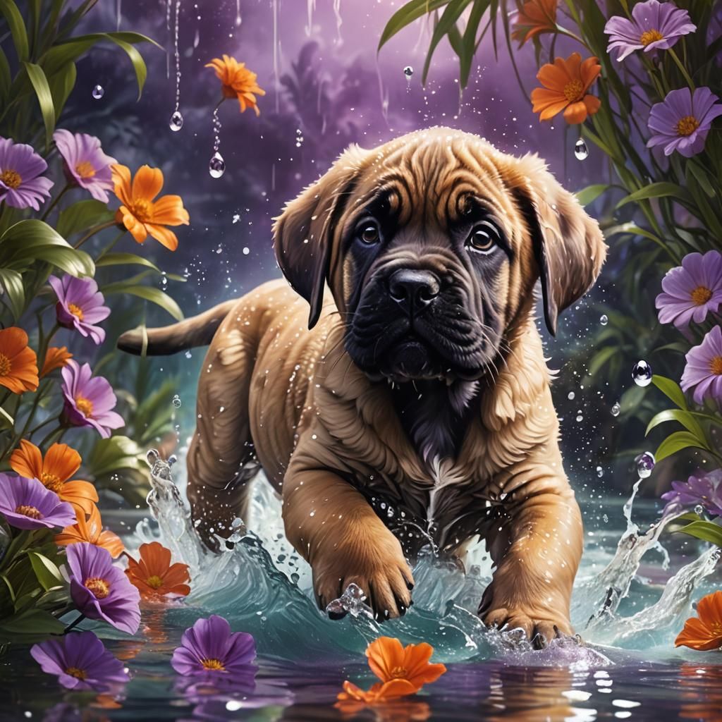 Mastiff Puppy Plays in Crystal Water as Digital Painting
