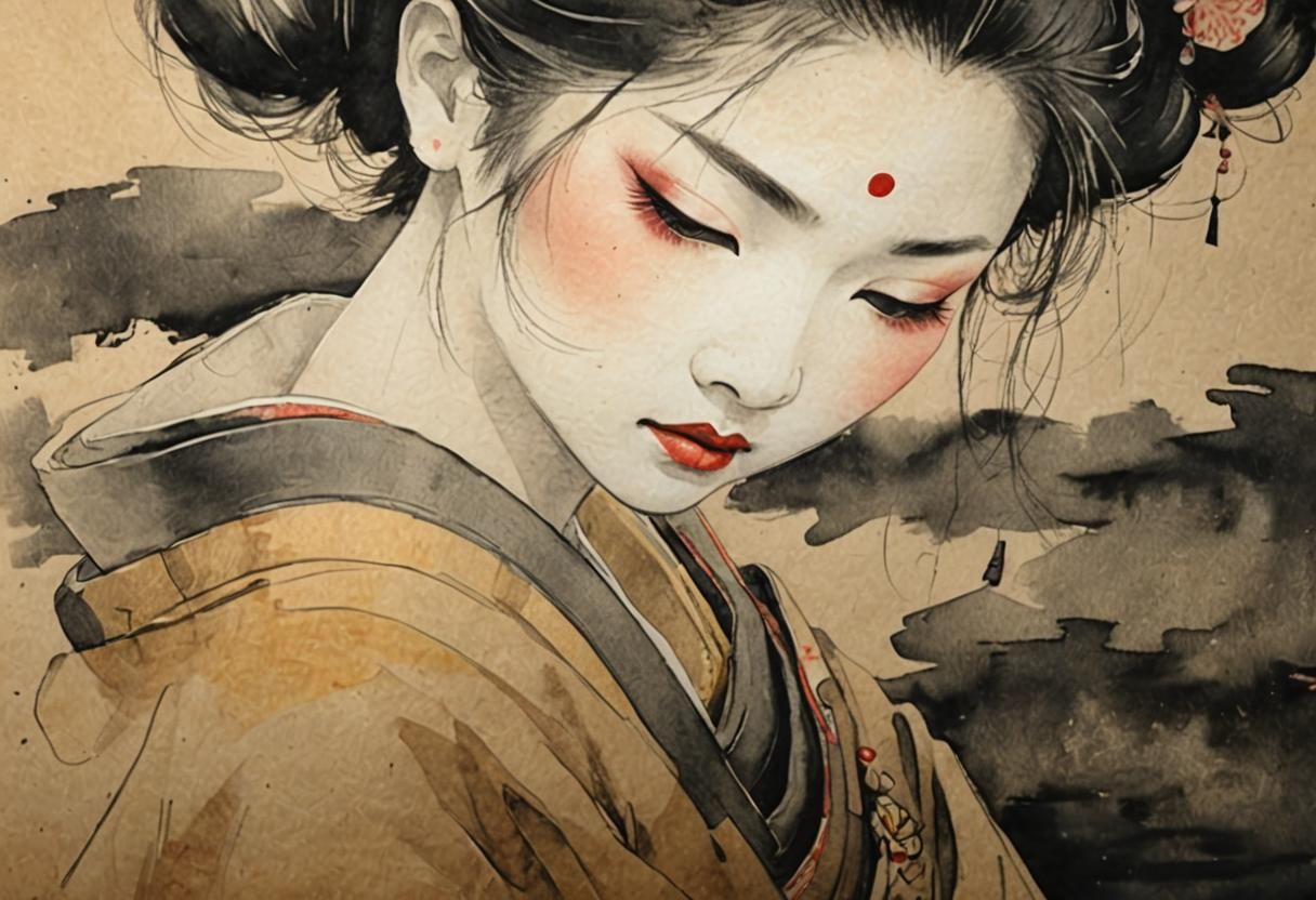 Mysterious Geisha Portrait in Minimalist Watercolor Style