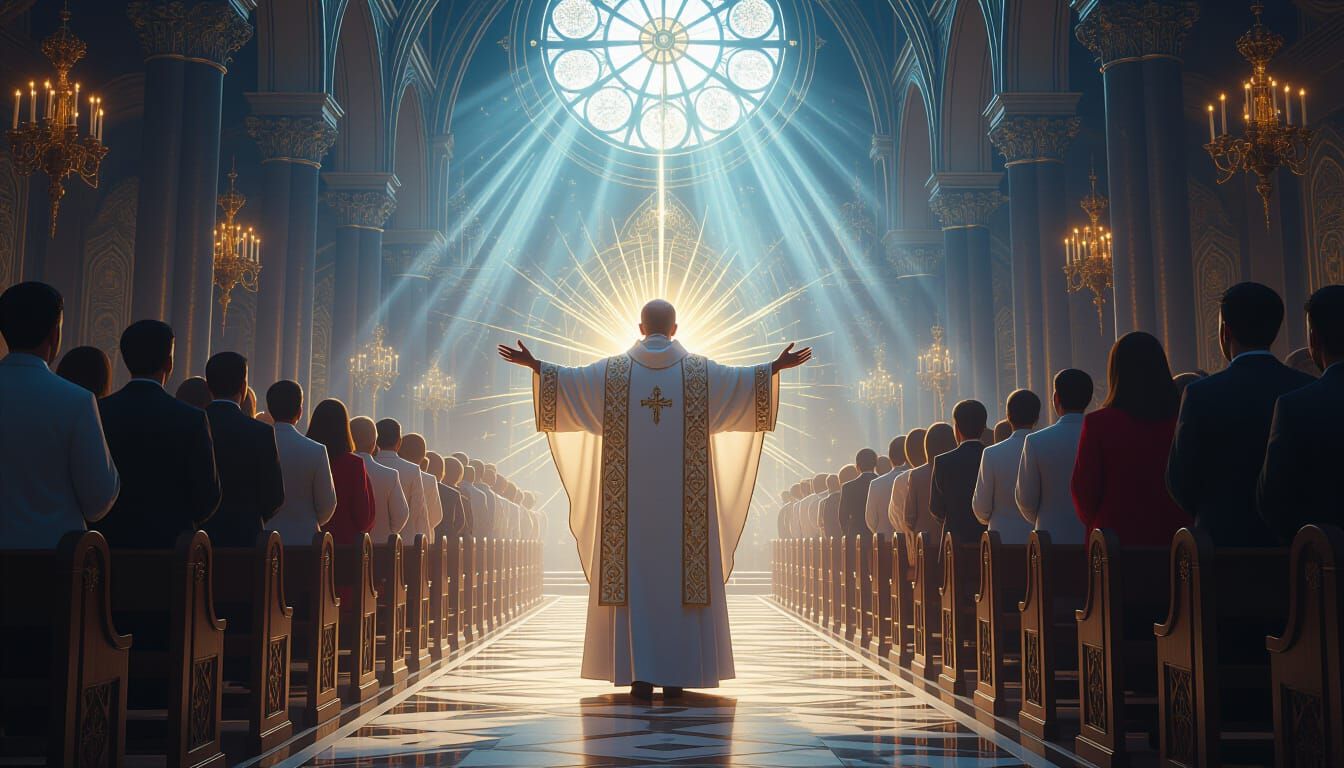 Radiant Catholic Priest Surrounded by People