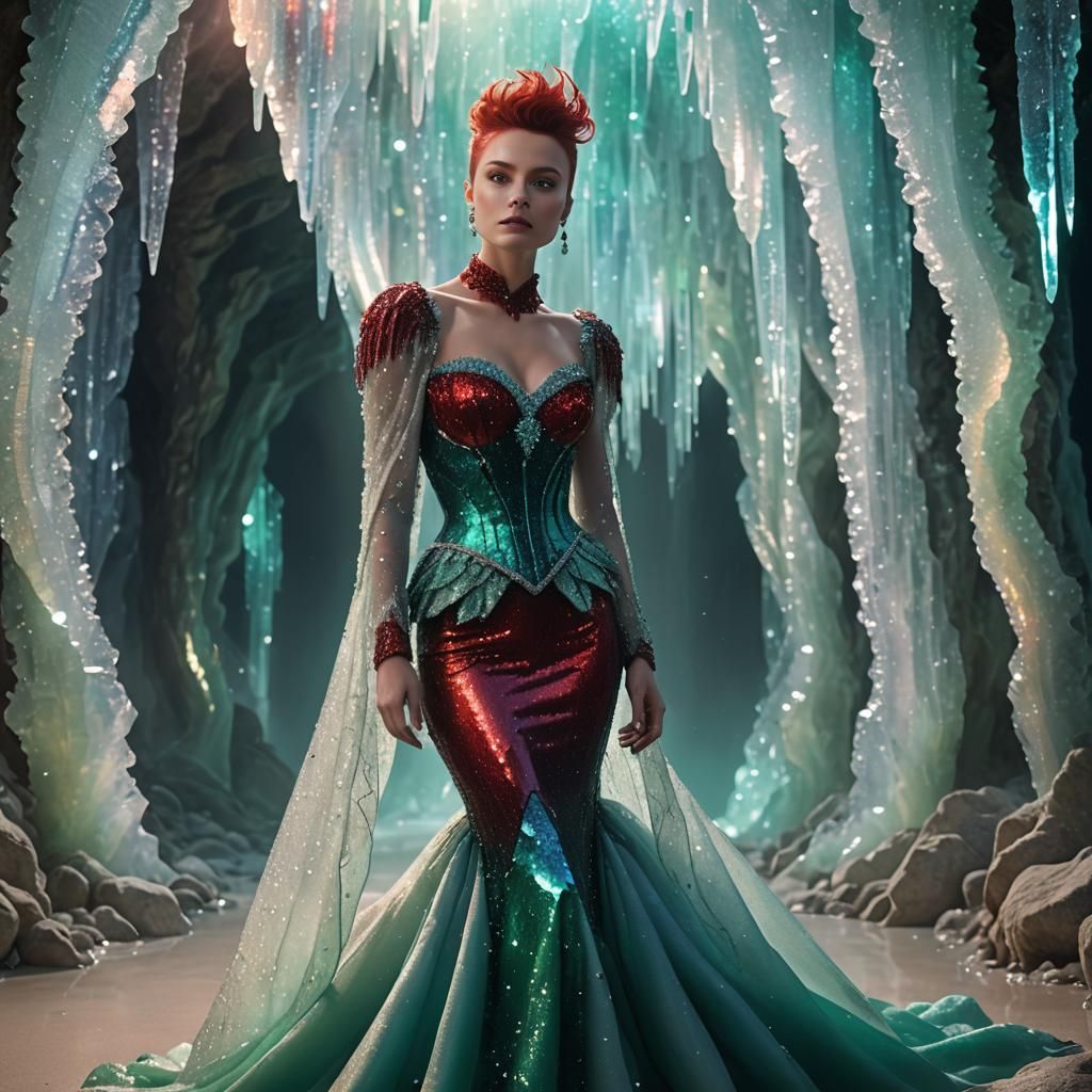 Opalescent Crystal Gown: Regal Woman in Editorial Style