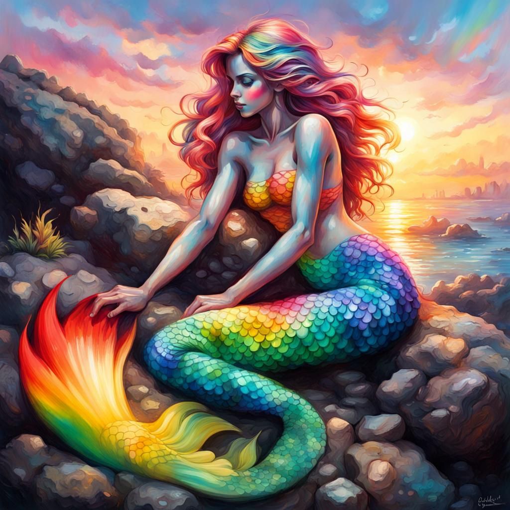 Rainbow Mermaid Sunrise: Graffiti Art Style