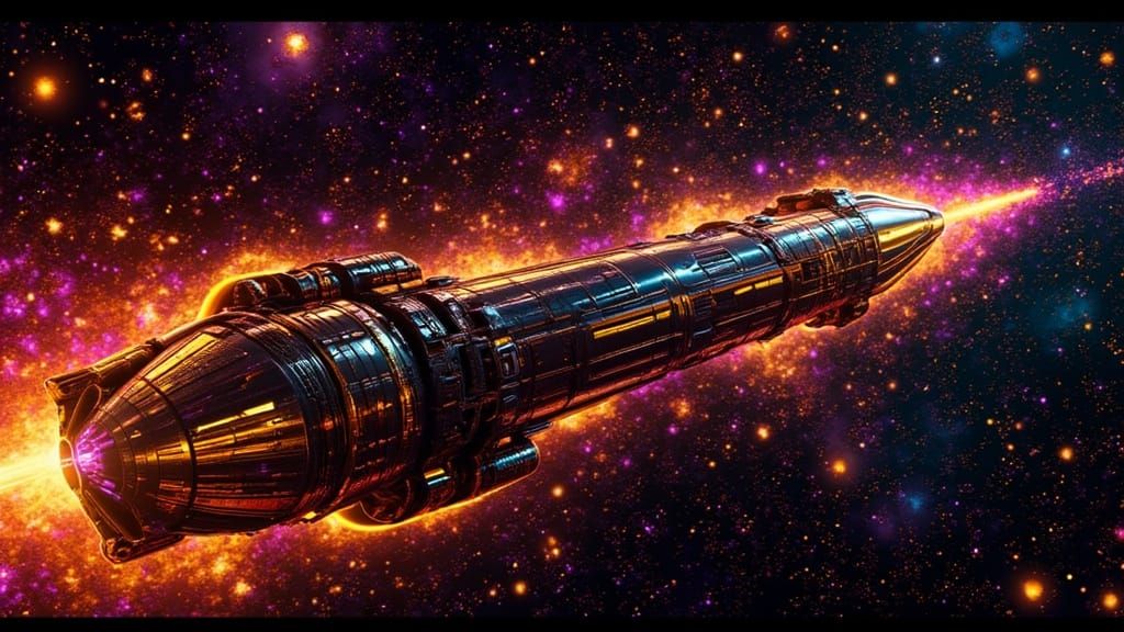 Klimt-Inspired Spaceship Races Through Nebula